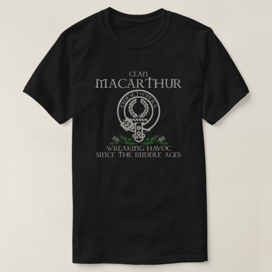 MacArthur Clan crestスコットランドの姓タータンチェックThist Tシャツ (デザイン正面)