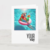 Macaw Parrot With a Cocktail Floating In a Pool カード (正面)