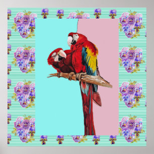 Macaw Watercolor Bird Painting Aqua Pink Poster ポスター