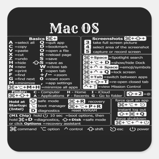 MacbookMacOSショートカットノートパソコンチートシート スクエアシール (正面)