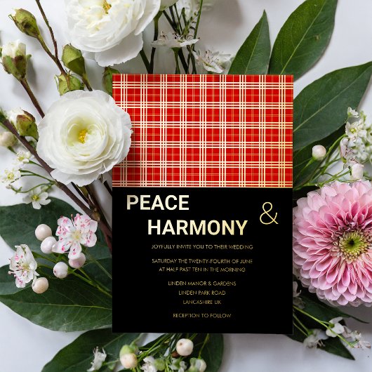 MacClanタータンチェックレッドブラック金ゴールドパター結婚ン 箔招待状
