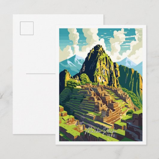 Machu Picchu Peru Art Vintage Travel Illustration ポストカード (正面/裏面)