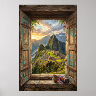 Machu Picchu Sunrise Faux Window Peru Andean Ruins ポスター