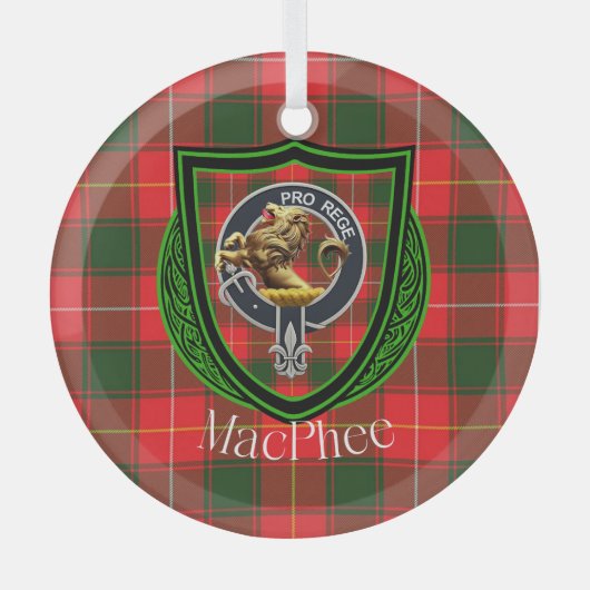 MacPhee Scottish Clan Tartan & Crest ガラスオーナメント (正面)