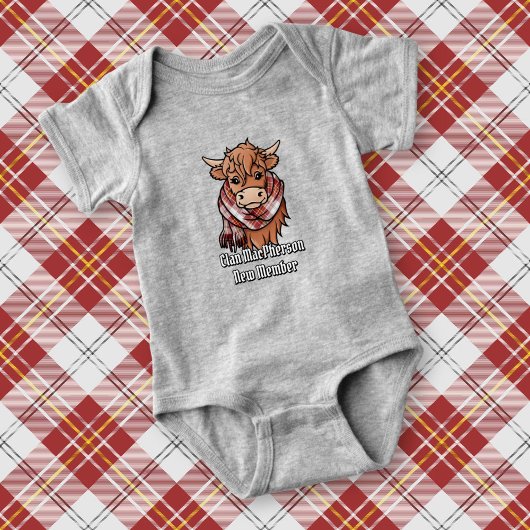 MacPhersonレッドドレススカーフ付きハイランド牛 ベビーボディスーツ