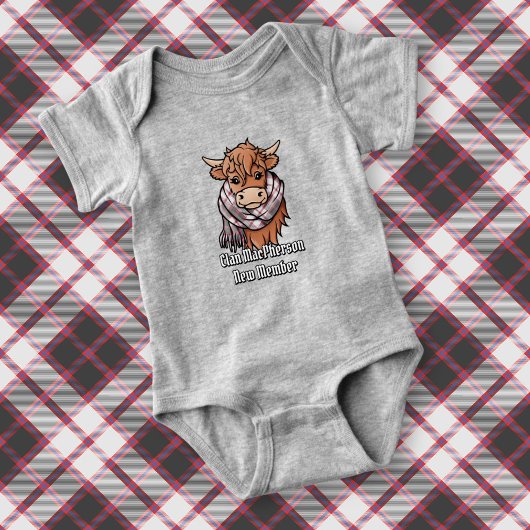 MacPherson狩りタータンチェックスカーフ付きハイランド牛 ベビーボディスーツ