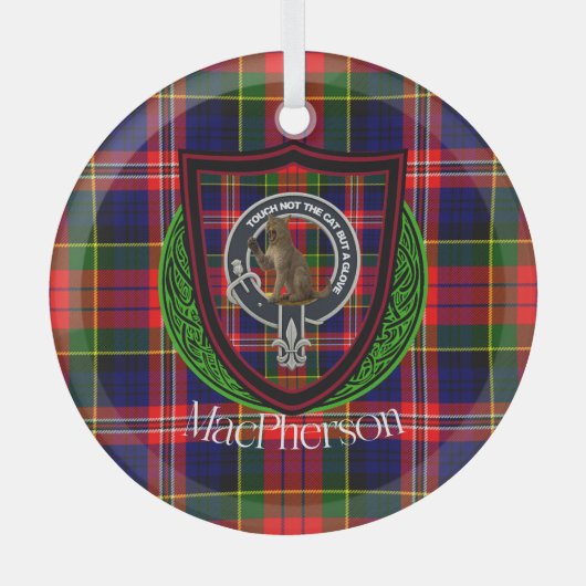 MacPherson Scottish Clan Tartan & Crest ガラスオーナメント (正面)