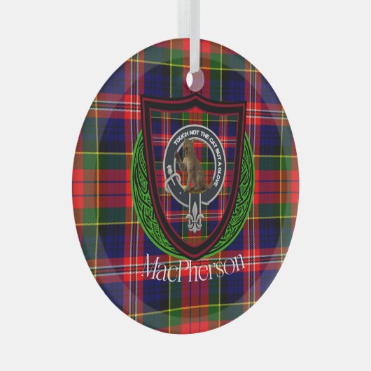 MacPherson Scottish Clan Tartan & Crest ガラスオーナメント (正面右)