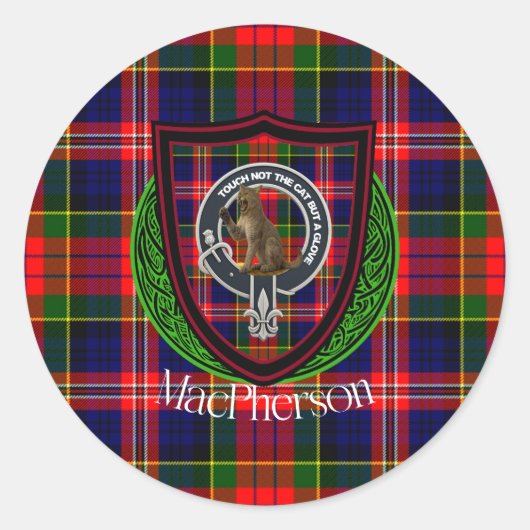 MacPherson Scottish Clan Tartan & Crest ラウンドシール (正面)