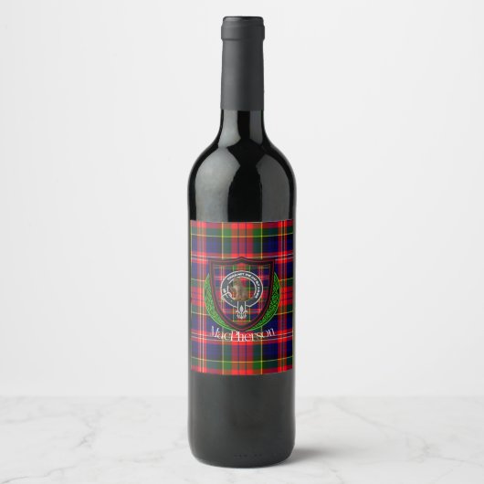MacPherson Scottish Clan Tartan & Crest ワインラベル (正面)