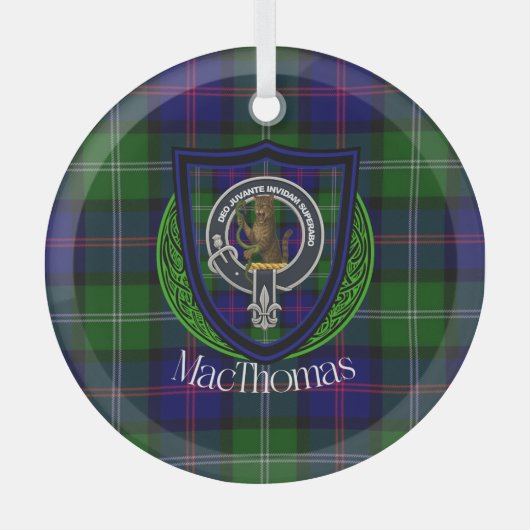 MacThomas Scottish Clan Tartan & Crest ガラスオーナメント (正面)