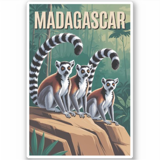 Madagascar Lemurs Illustration Travel Art Vintage シール (正面)
