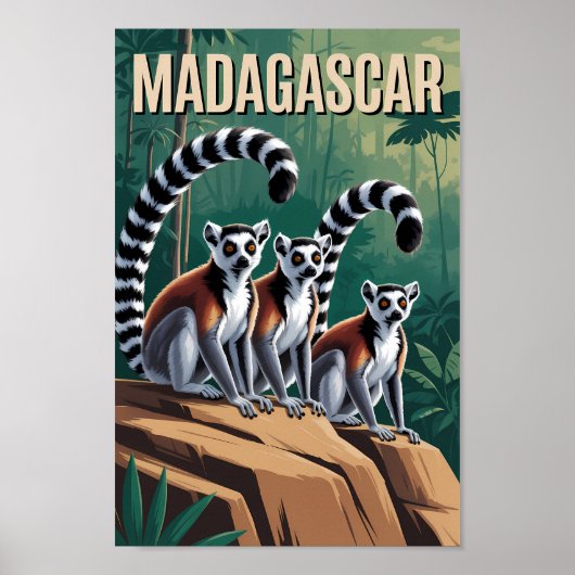 Madagascar Lemurs Illustration Travel Art Vintage ポスター (正面)
