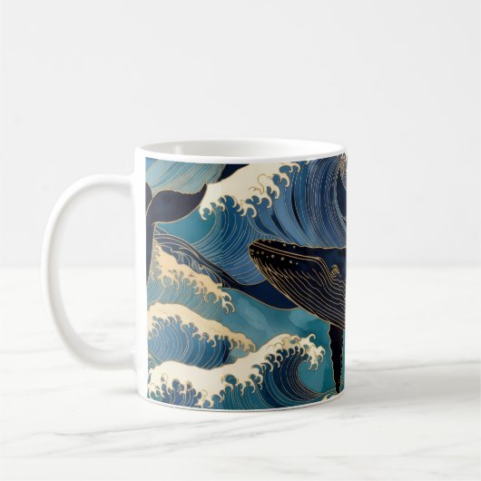 Madagascar Ocean Whale - Blue & Gold Waves |  コーヒーマグカップ (左)