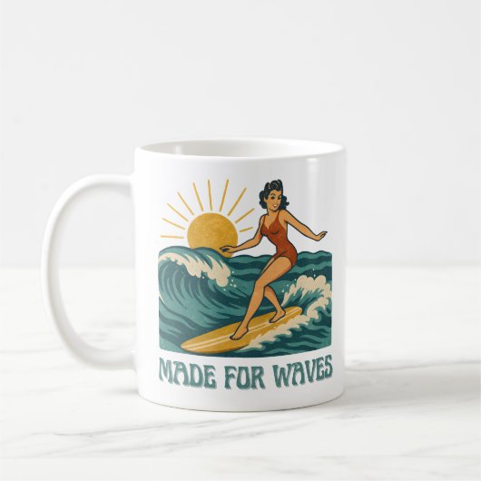 Made For Waves Surfer - Retro Surfing Pin-Up Art コーヒーマグカップ (左)