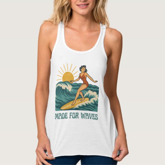 Made For Waves Surfer - Retro Surfing Pin-Up Art タンクトップ (正面)