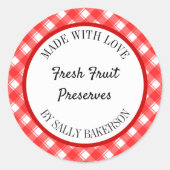 Made With Love編集可能な赤いホワイトプレイドレトロ ラウンドシール (正面)