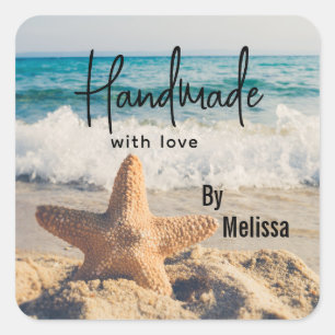 Made with Love Starfish on a Sandyビーチ写真 スクエアシール