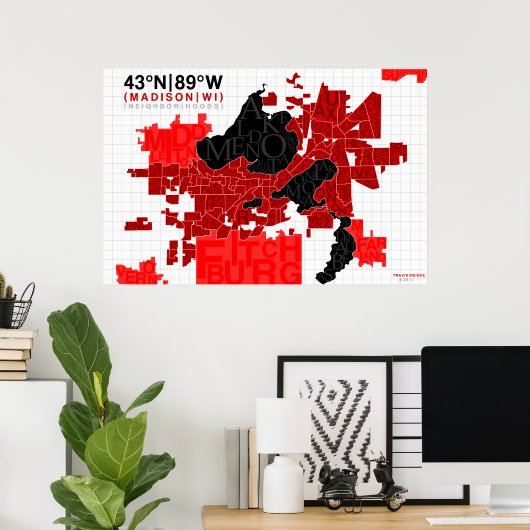 Madison Neighborhood Typography Map - Red ポスター (ホームオフィス)