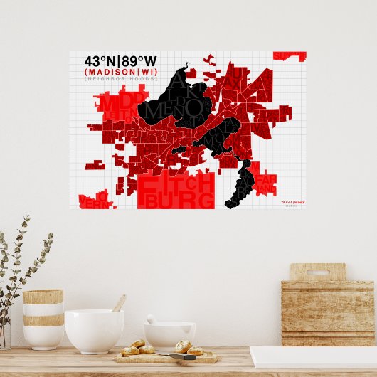 Madison Neighborhood Typography Map - Red ポスター (キッチン)