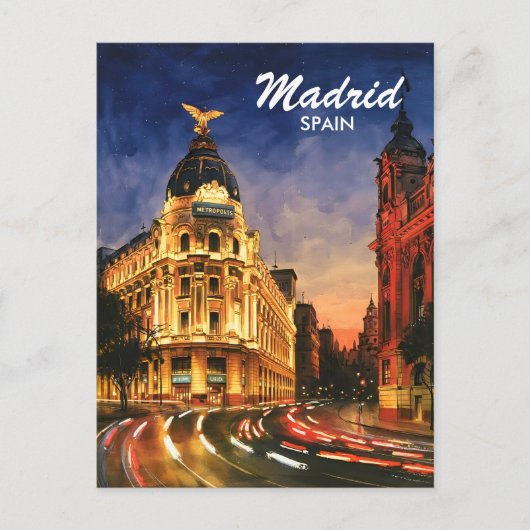 Madrid Spain Gran Via Night Watercolor Cityscape ポストカード (正面)
