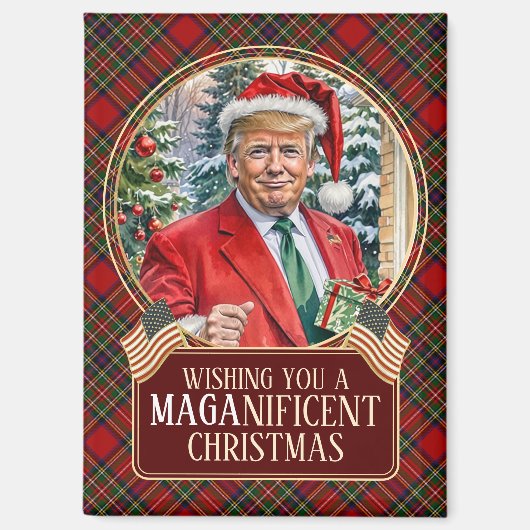 MAGAクリスマスタータンチェックプレイドサンタトランプ長方形 マグネット (正面)