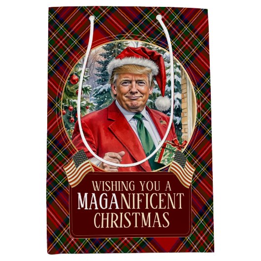 MAGAクリスマスタータンチェックプレイドサンタトランプ ミディアムペーパーバッグ (正面)