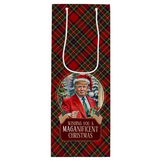 MAGAクリスマスタータンチェックプレイドサンタトランプ ワインギフトバッグ (正面)