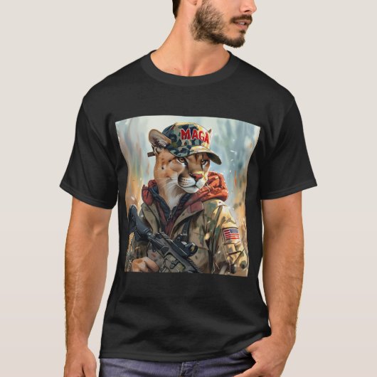MAGAクール大きな猫とガン&カモフラージクーガー Tシャツ (正面)