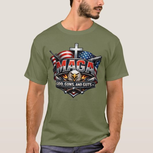 MAGA: 神、銃、そして本気。 Tシャツ (正面)