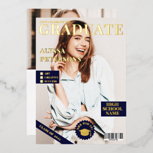 Magazine cover 2 photos blue graduation gold 箔招待状