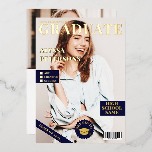 Magazine cover 2 photos blue graduation gold 箔招待状 (正面/裏面)