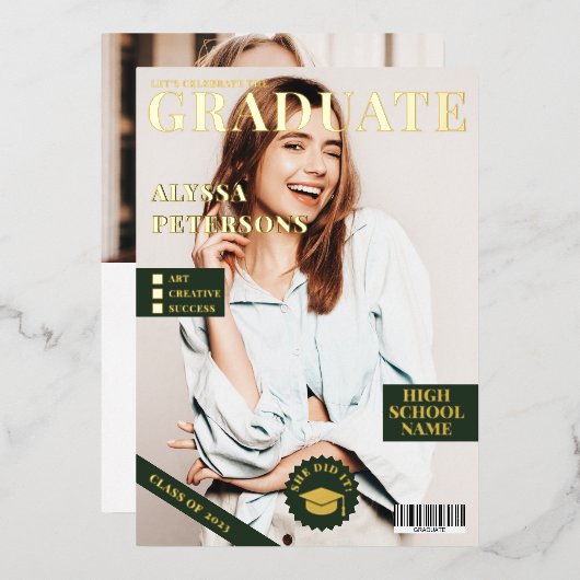 Magazine cover 2 photos green graduation gold 箔招待状 (正面/裏面)