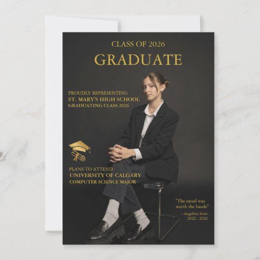 Magazine Cover Black Gold Graduation Invitation 招待状 (正面)