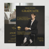 Magazine Cover Black Gold Graduation Invitation 招待状 (正面/裏面)