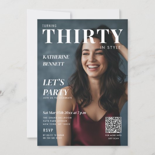 Magazine Cover Photo 30th Birthday Party QR Code 招待状 (正面)