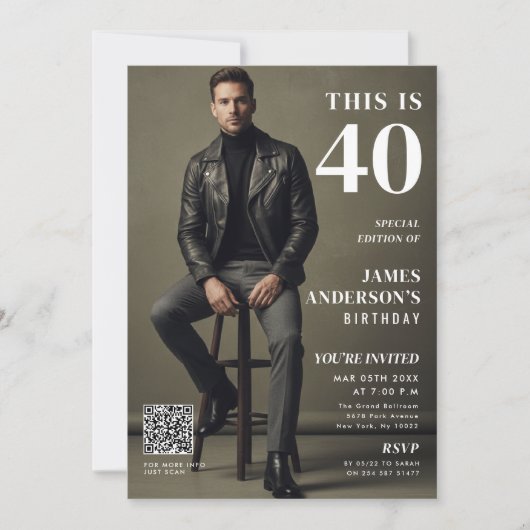Magazine Cover Photo Mens 40th Birthday QR Code 招待状 (正面)