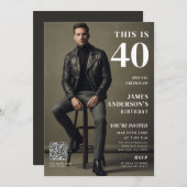 Magazine Cover Photo Mens 40th Birthday QR Code 招待状 (正面/裏面)