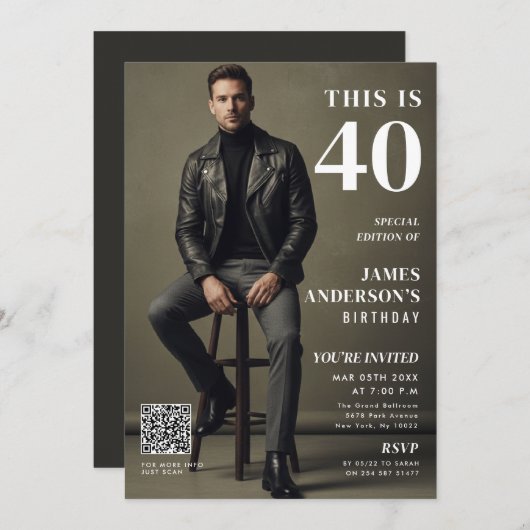Magazine Cover Photo Mens 40th Birthday QR Code 招待状 (正面/裏面)