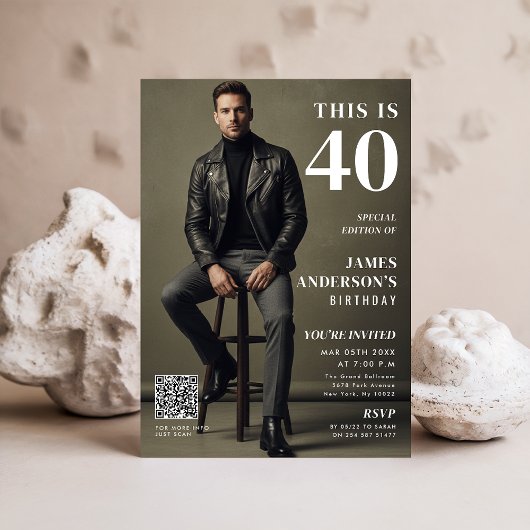 Magazine Cover Photo Mens 40th Birthday QR Code 招待状