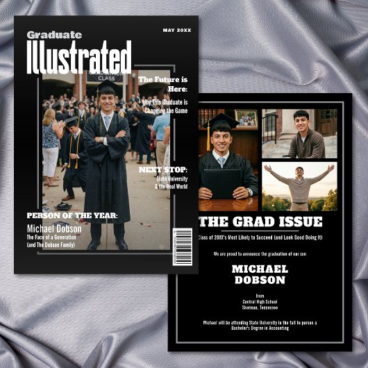 Magazine Four Photo Black Graduation Announcement 招待状