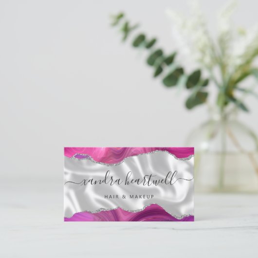 Magenta Agate Silver Glitter Luxury Stylist 名刺 (スタンド正面)