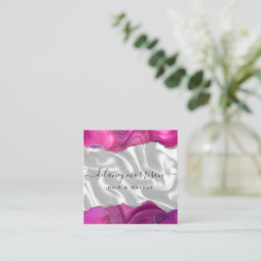 Magenta Agate Silver Glitter White Luxury スクエア名刺 (スタンド正面)