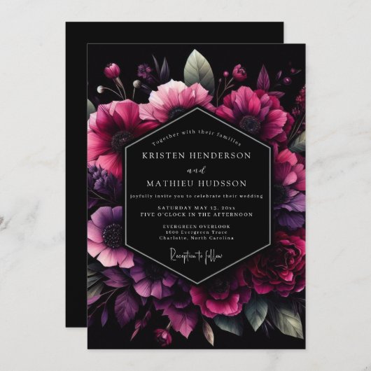 Magenta Bloom Nocturne Wedding 招待状 (正面/裏面)