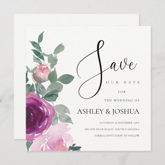 Magenta Blush Pink Floral Over Ivory Save The Date 招待状 (正面/裏面)