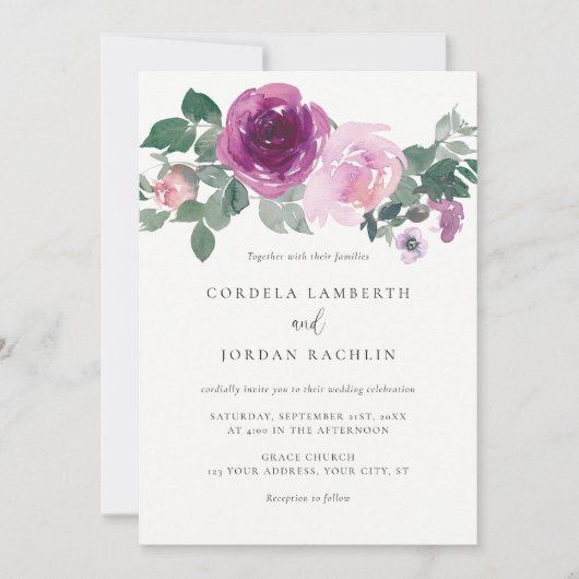 Magenta Blush Pink Floral Spray Ivory Wedding 招待状 (正面)
