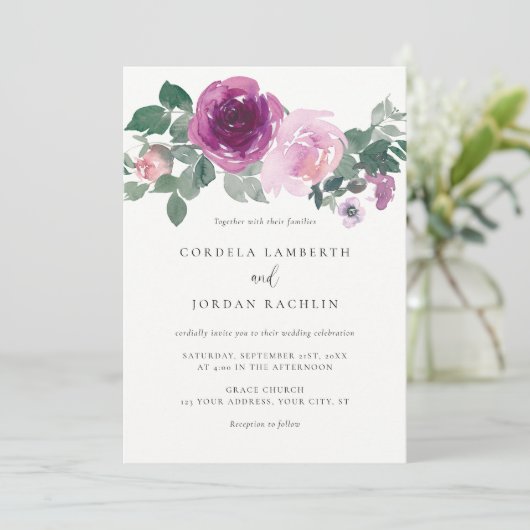 Magenta Blush Pink Floral Spray Ivory Wedding 招待状 (スタンド正面)