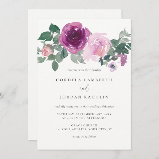 Magenta Blush Pink Floral Spray Ivory Wedding 招待状 (正面/裏面)