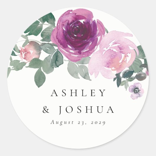Magenta Blush Watercolor Floral Ivory Wedding ラウンドシール (正面)
