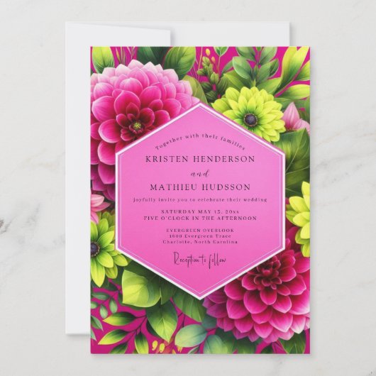 Magenta Dahlia Bloom Wedding 招待状 (正面)